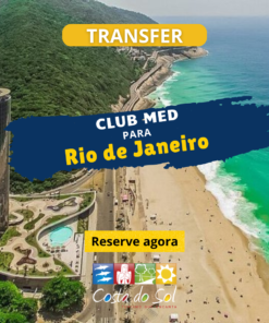 Imagem promocional do serviço de transfer do Club Med para Rio de Janeiro. A foto aérea mostra a orla da praia, o Hotel Nacional de São Conrado e áreas verdes ao redor. O destaque está no serviço de transporte oferecido pela Costa do Sol Tour, com chamada para reserva.