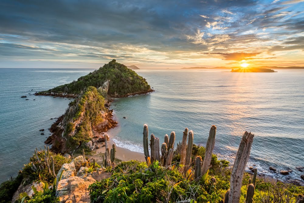Vista da Ponta do Pai Vitório em Búzios ao pôr do sol, com vegetação tropical e o mar ao fundo.